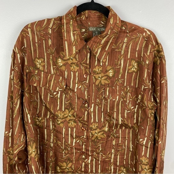 Silk Icon Brown Silk Bamboo Novelty Print Button Down Shirt Medium - Picture 3 of 10